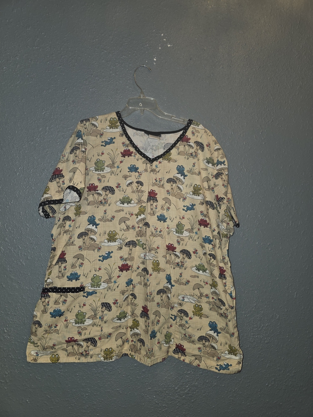 Cherokee Beige Frog & Mushroom Print V-Neck Scrub Top